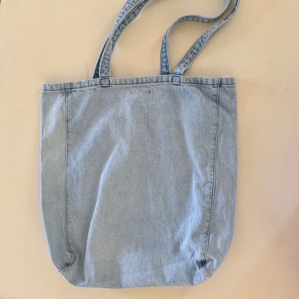 American Eagle Light Wash Denim Tote Bag Keep Smiling Smiley Face Graphic Blue